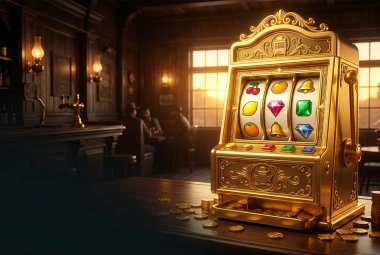 Máquina de slots dourada com frutas e gemas